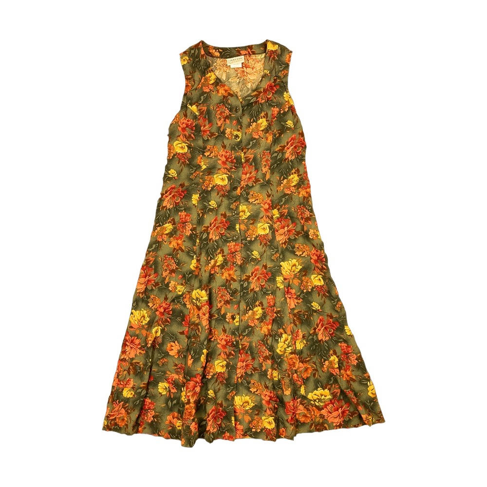 Jantzen Classics Floral Maxi Dress Womens 12 Green Orange Vintage 90s Button Up